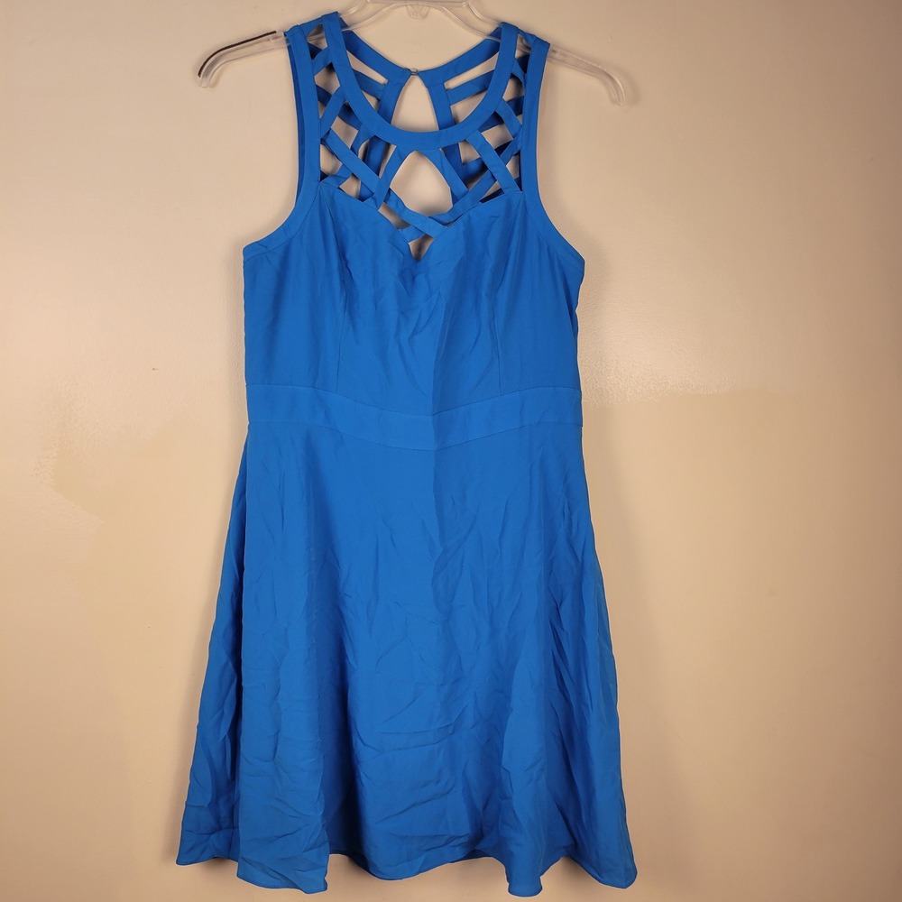 GUESS Women Blue Lattice Cage Neck Fit & Flare Skater Dress‎ Size 14 NWT
